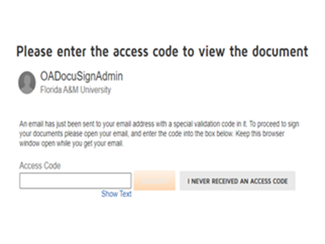 screen asking for the Code on the DocuSign Form